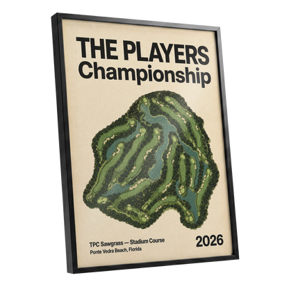 Sawgrass Championship, green, beige, black nature wall art shown as a black framed poster wall art print