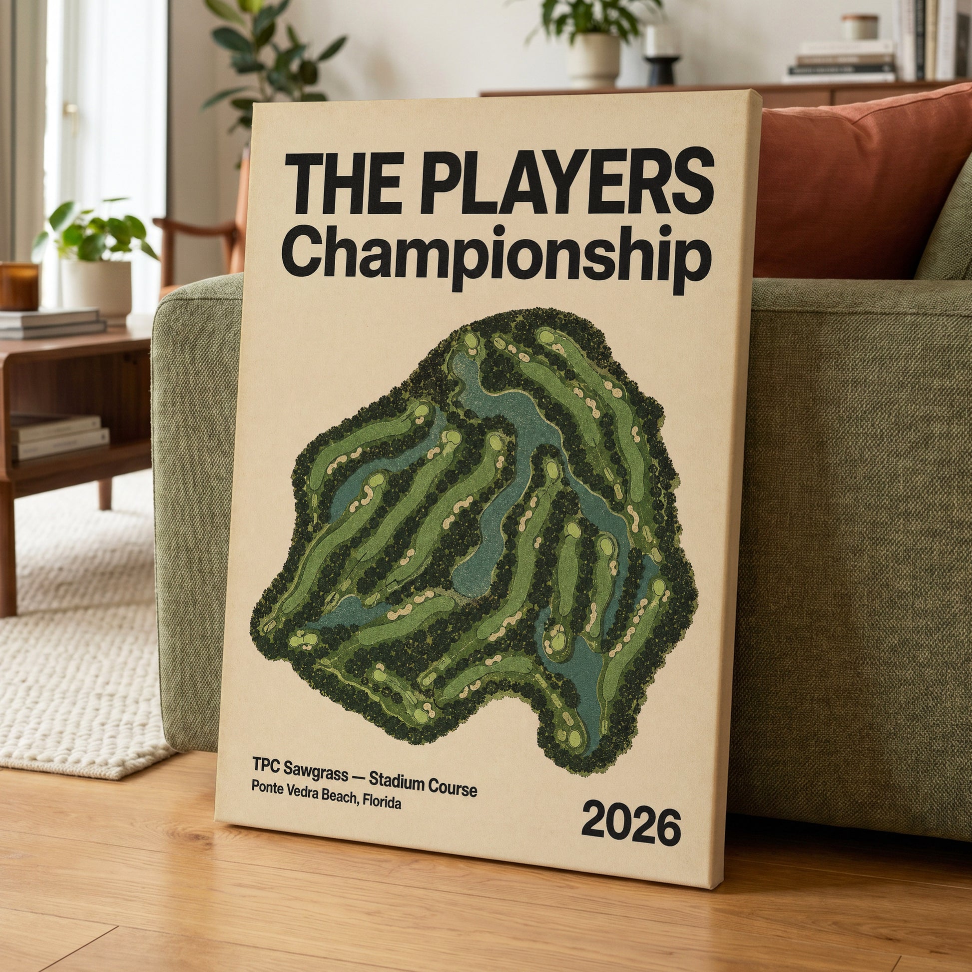 Sawgrass Championship, green, beige, black nature wall art on canvas displayed in a styled interior, gallery view 1