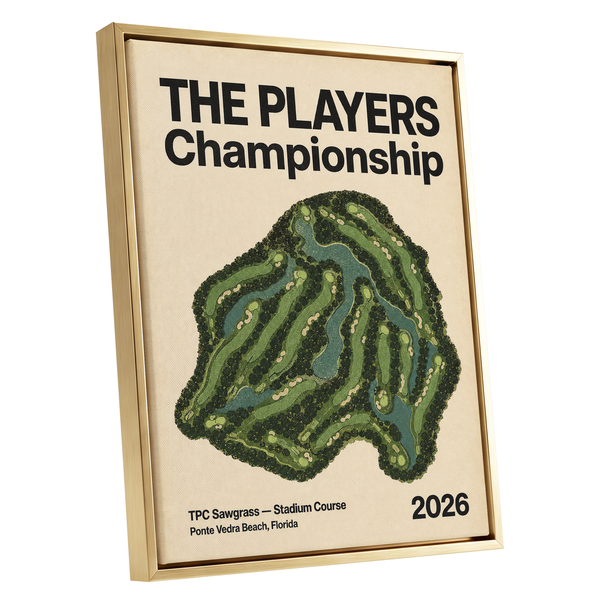 Sawgrass Championship, green, beige, black nature wall art shown as a gold framed canvas wall art