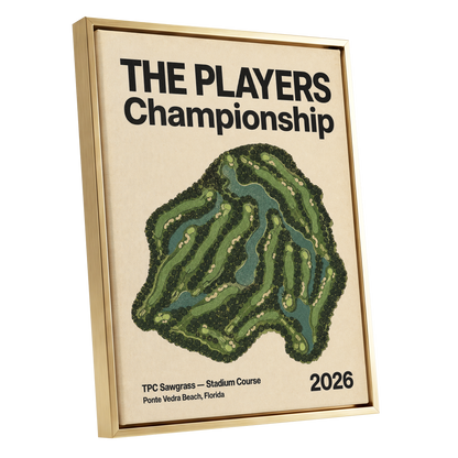 Sawgrass Championship, green, beige, black nature wall art shown as a gold framed canvas wall art
