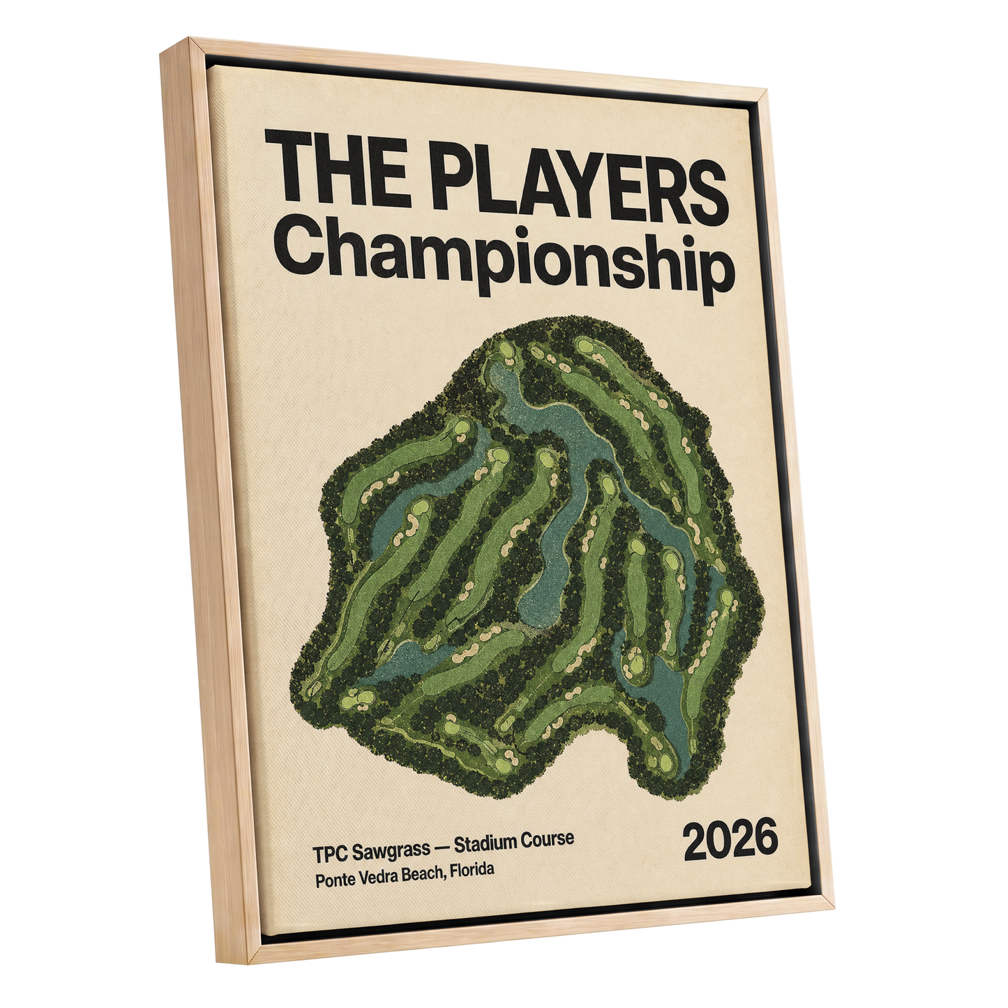 Sawgrass Championship, green, beige, black nature wall art shown as a oak framed canvas wall art