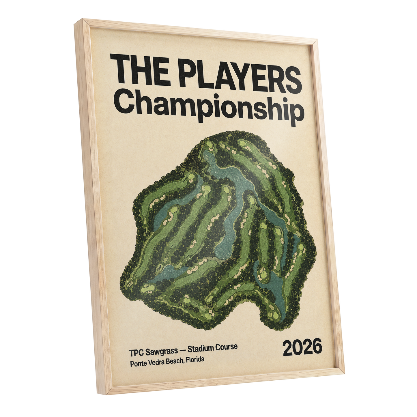 Sawgrass Championship, green, beige, black nature wall art shown as a oak framed poster wall art print