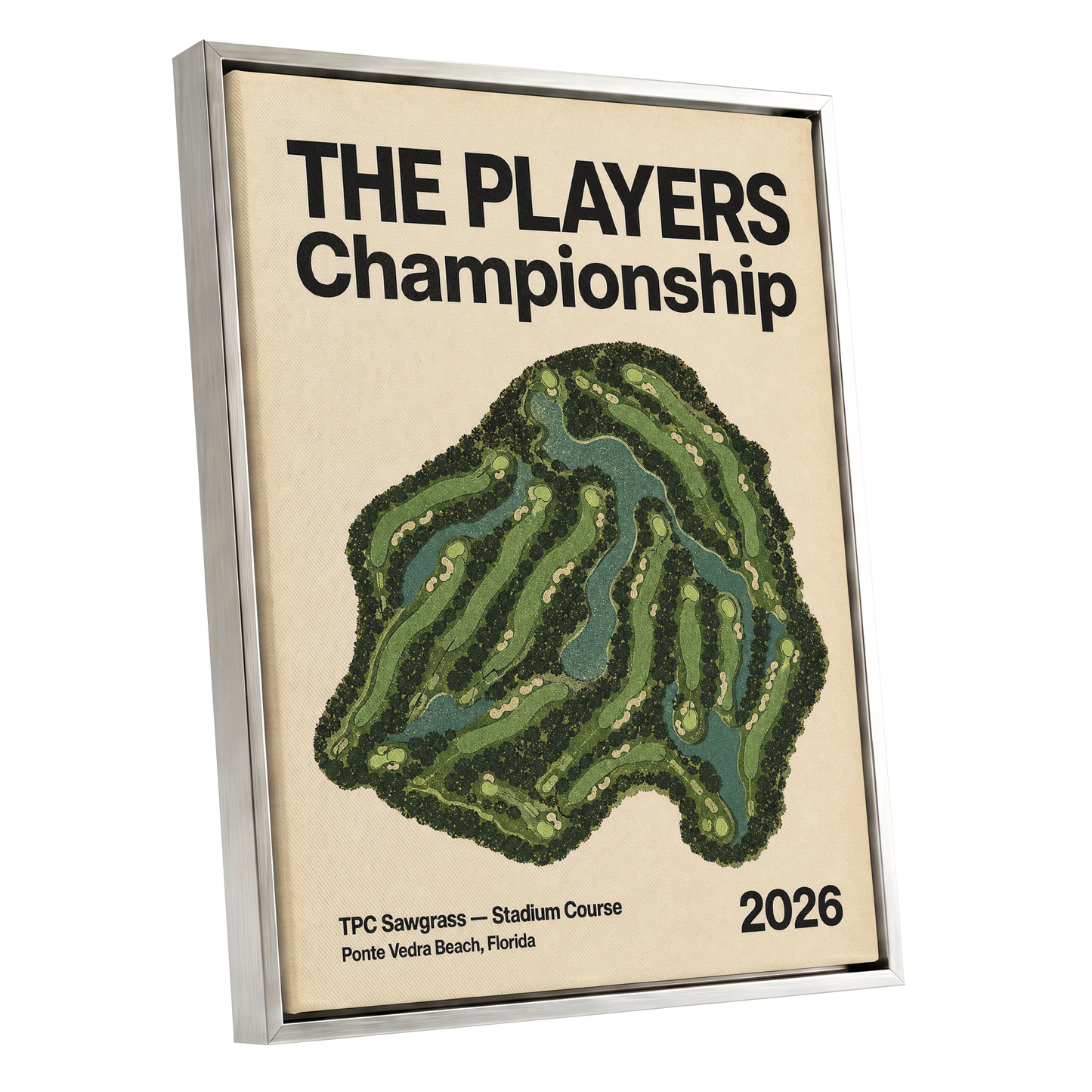 Sawgrass Championship, green, beige, black nature wall art shown as a silver framed canvas wall art