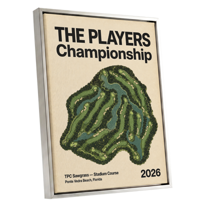 Sawgrass Championship, green, beige, black nature wall art shown as a silver framed canvas wall art