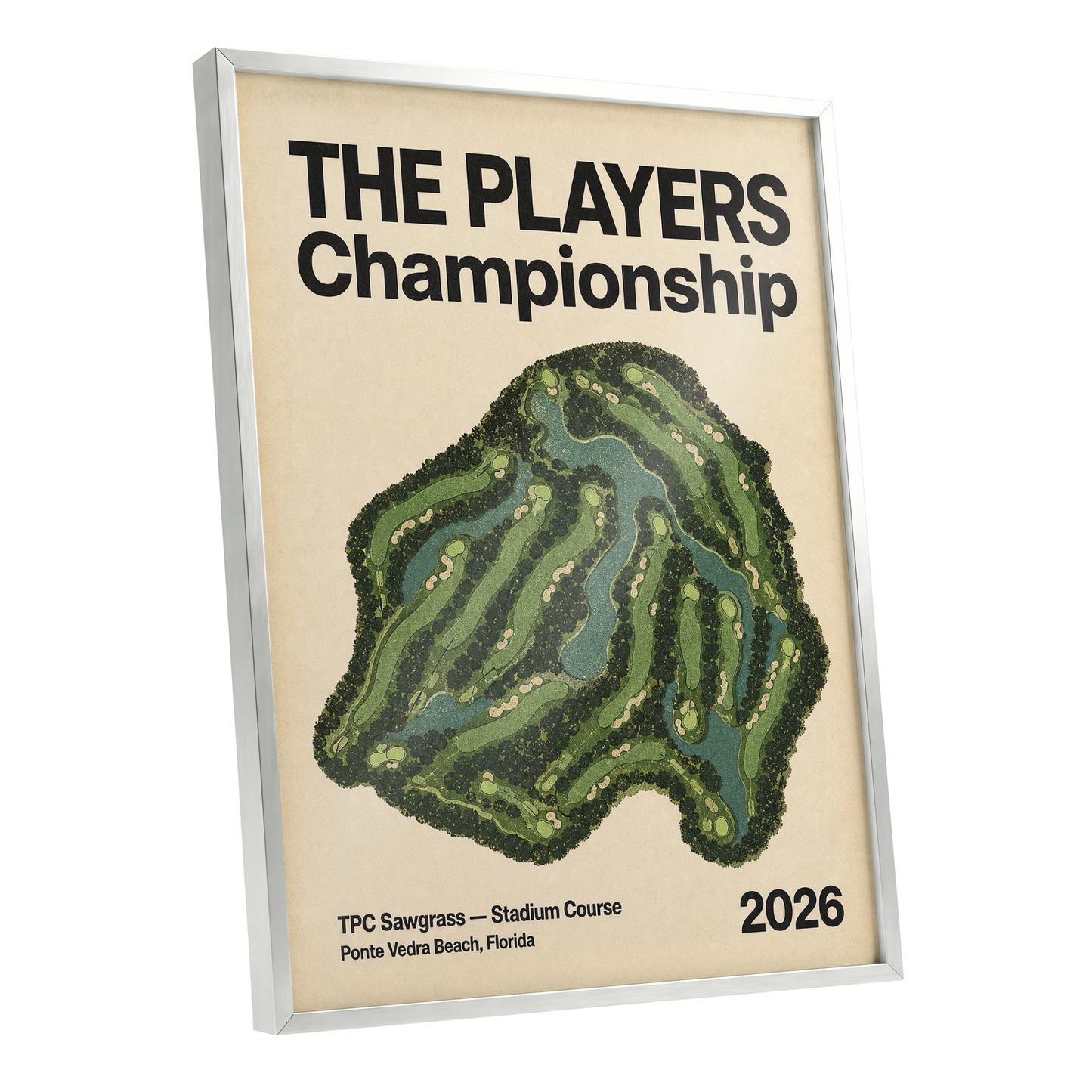 Sawgrass Championship, green, beige, black nature wall art shown as a silver framed poster wall art print