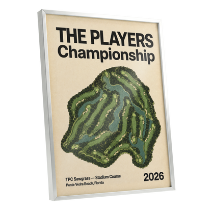 Sawgrass Championship, green, beige, black nature wall art shown as a silver framed poster wall art print