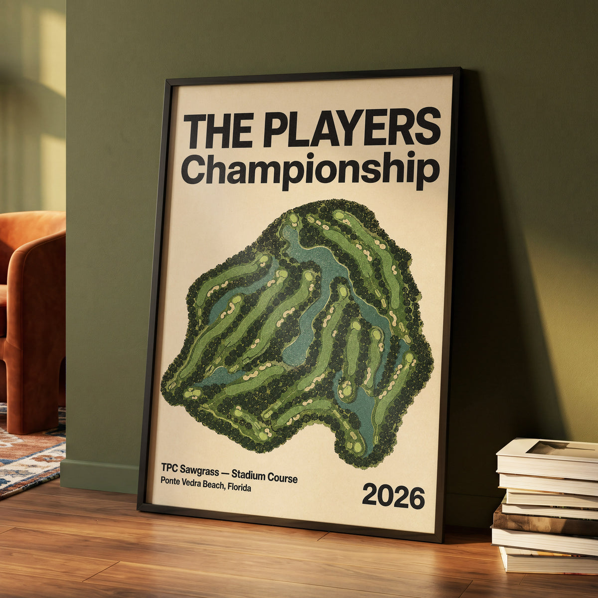 Sawgrass Championship, green, beige, black nature wall art displayed in a styled interior, gallery view 4