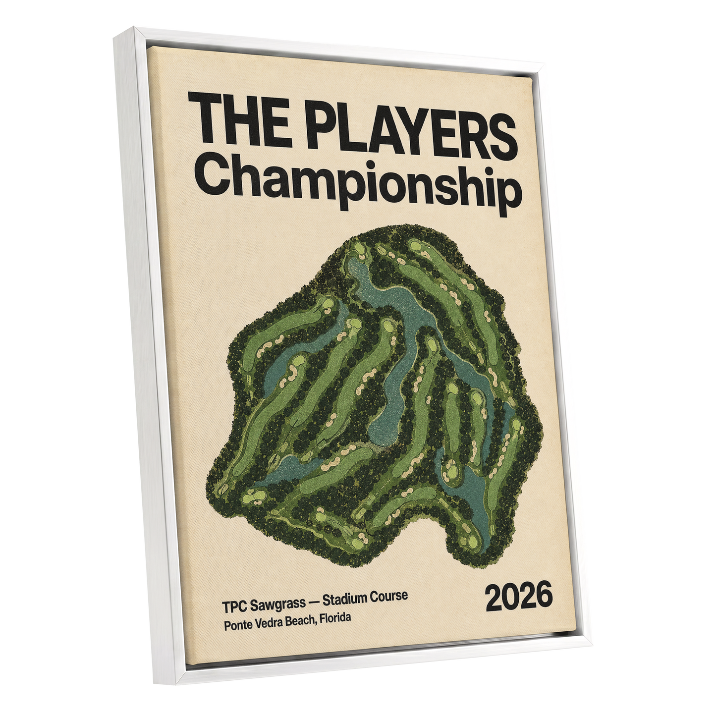 Sawgrass Championship, green, beige, black nature wall art shown as a white framed canvas wall art