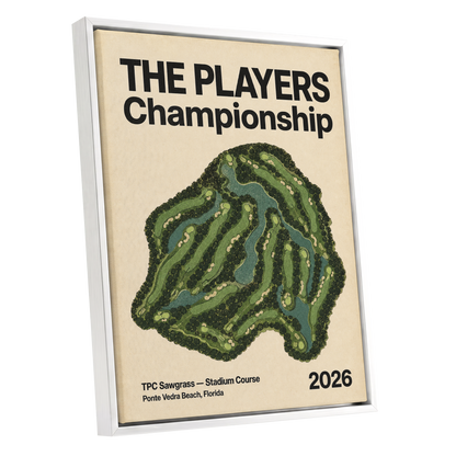 Sawgrass Championship, green, beige, black nature wall art shown as a white framed canvas wall art