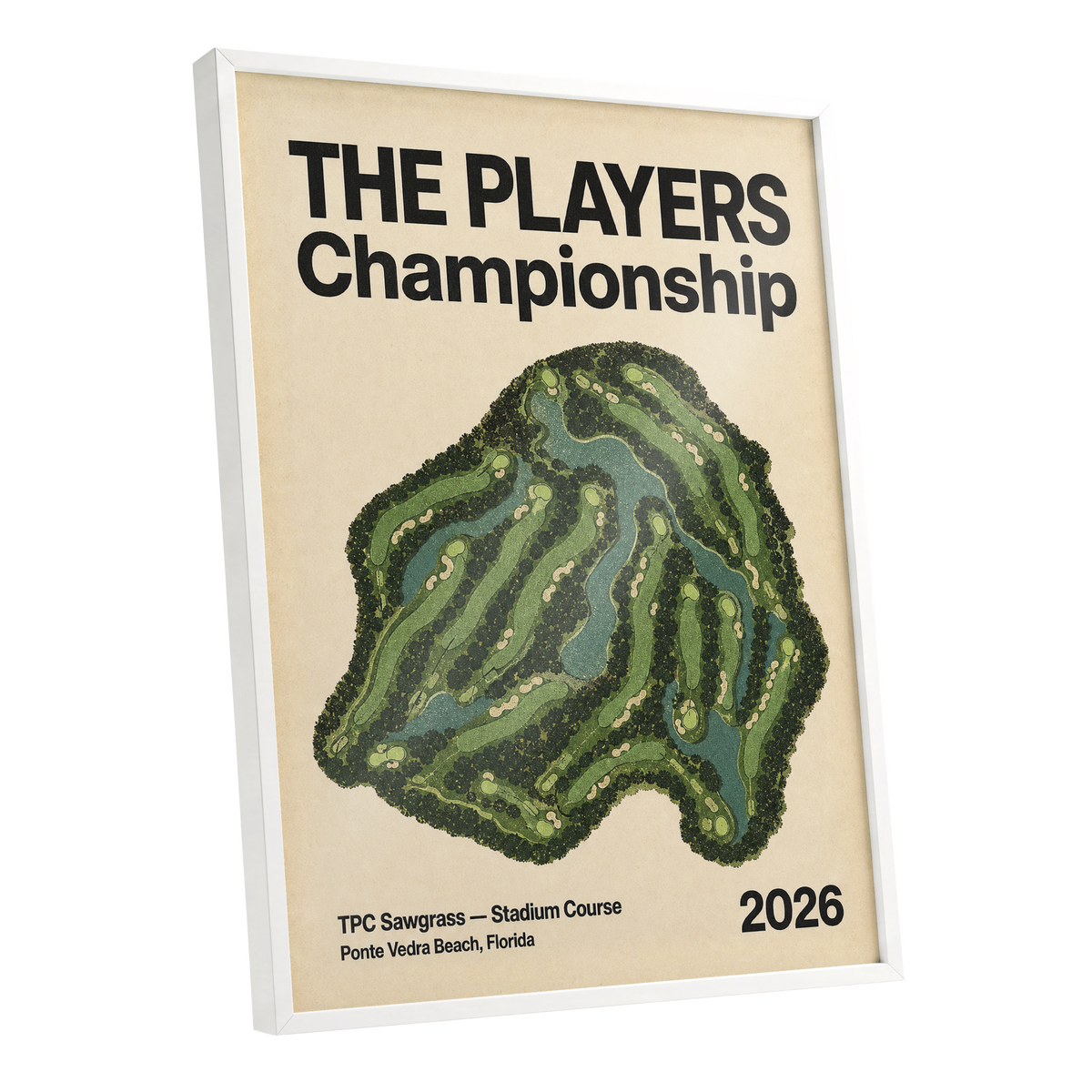 Sawgrass Championship, green, beige, black nature wall art shown as a white framed poster wall art print