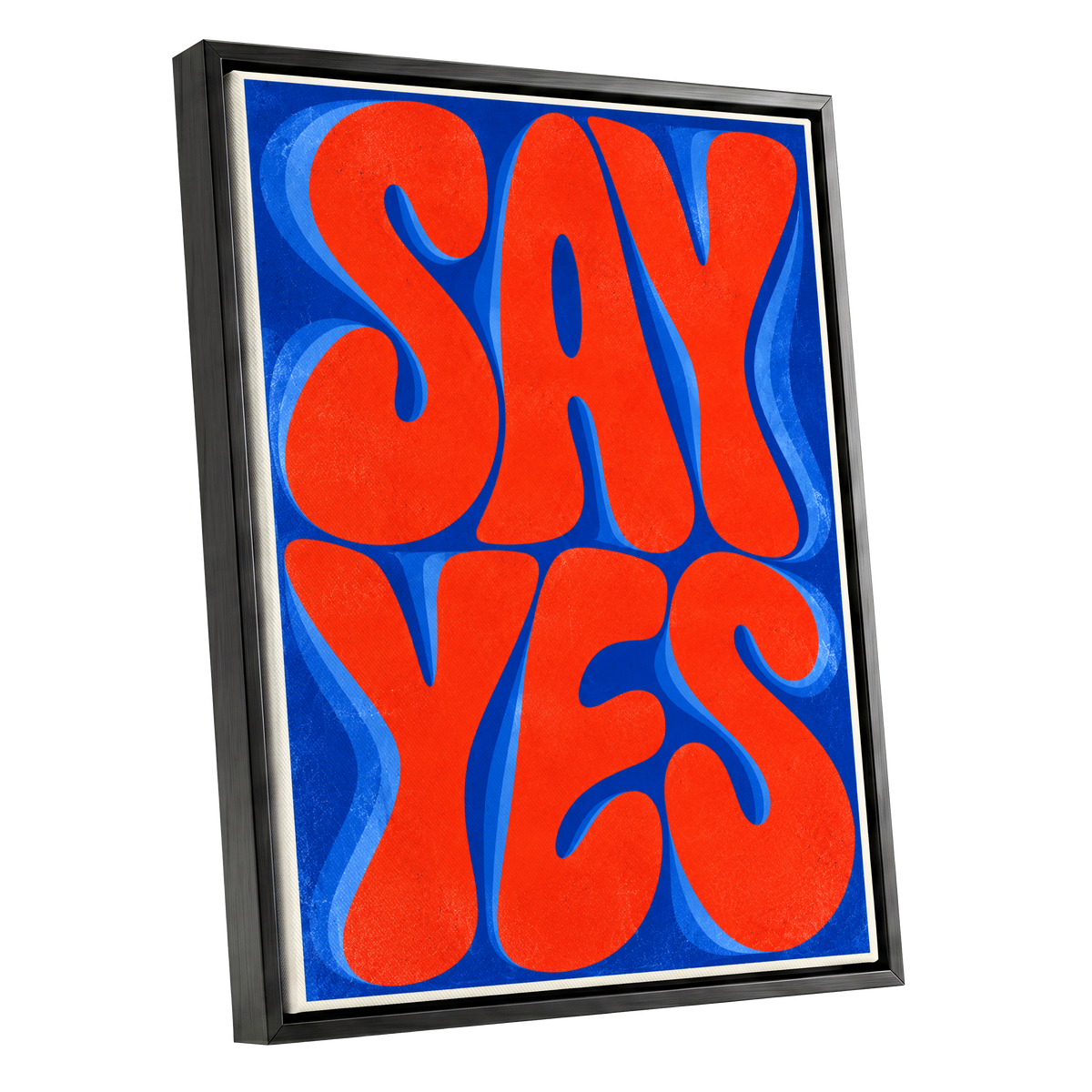 Say Yes in Stereo, orange, blue abstract wall art shown as a black framed canvas wall art