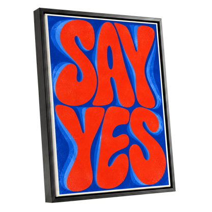 Say Yes in Stereo, orange, blue abstract wall art shown as a black framed canvas wall art
