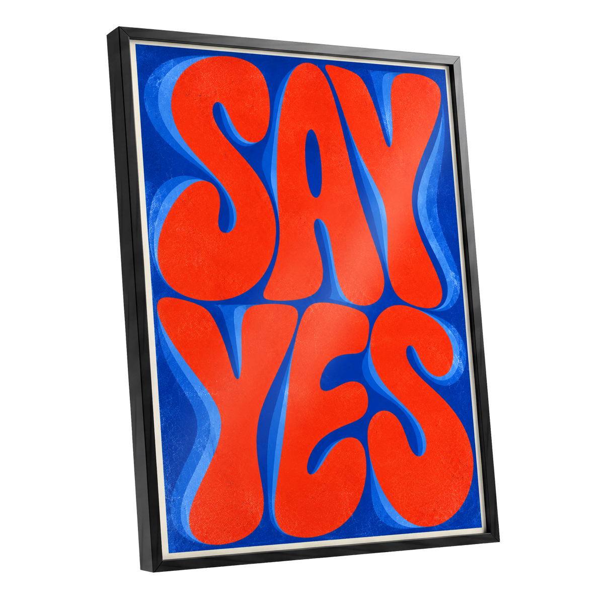 Say Yes in Stereo, orange, blue abstract wall art shown as a black framed poster wall art print
