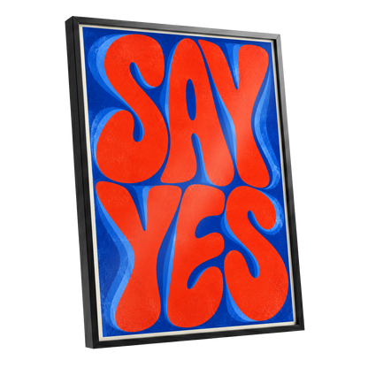 Say Yes in Stereo, orange, blue abstract wall art shown as a black framed poster wall art print