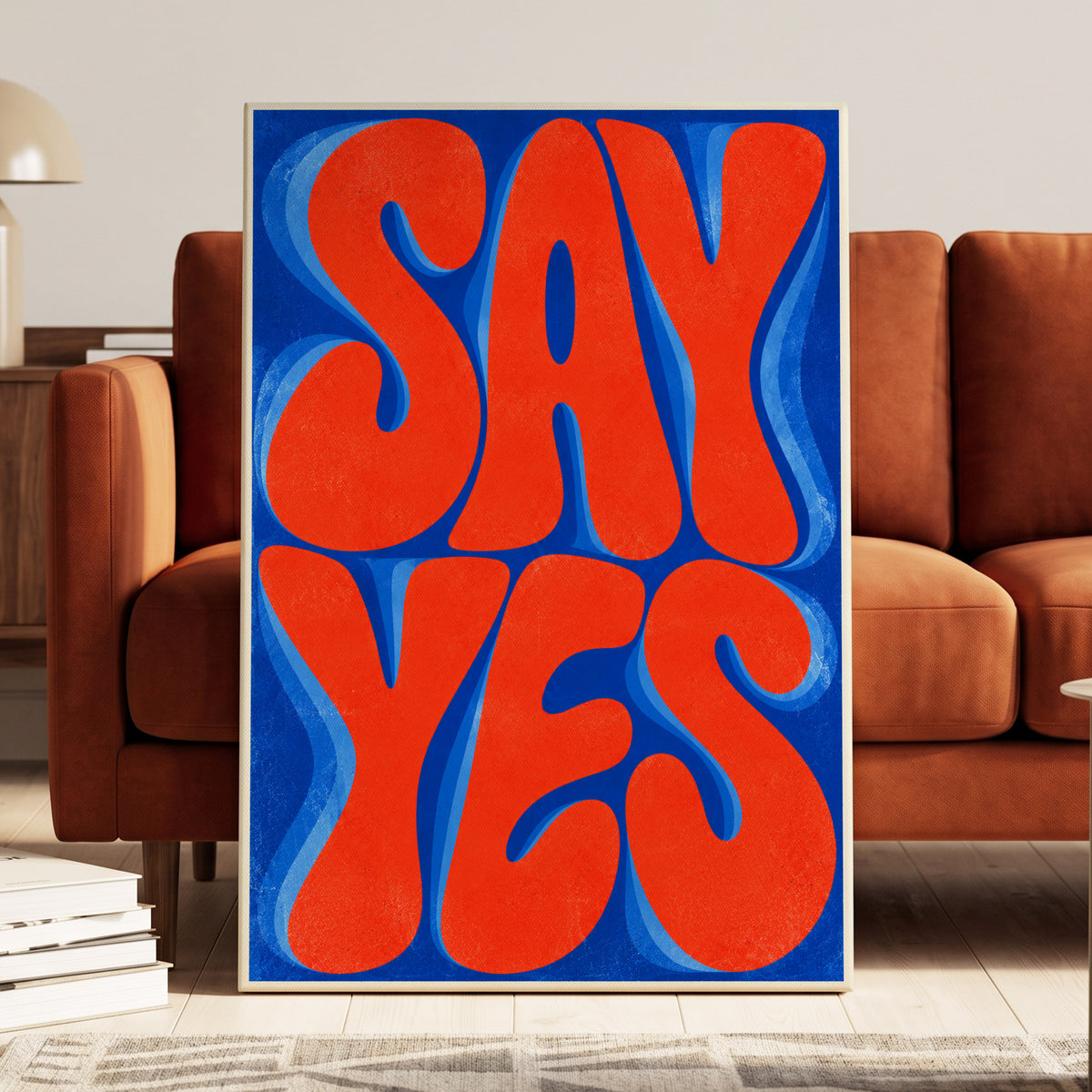 Say Yes in Stereo, orange, blue abstract wall art on canvas displayed in a styled interior, gallery view 1