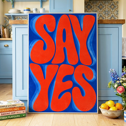 Say Yes in Stereo, orange, blue abstract wall art on canvas displayed in a styled interior, gallery view 2