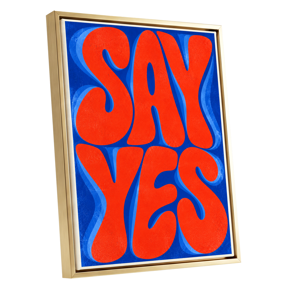 Say Yes in Stereo, orange, blue abstract wall art shown as a gold framed canvas wall art