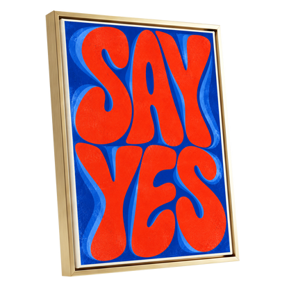 Say Yes in Stereo, orange, blue abstract wall art shown as a gold framed canvas wall art