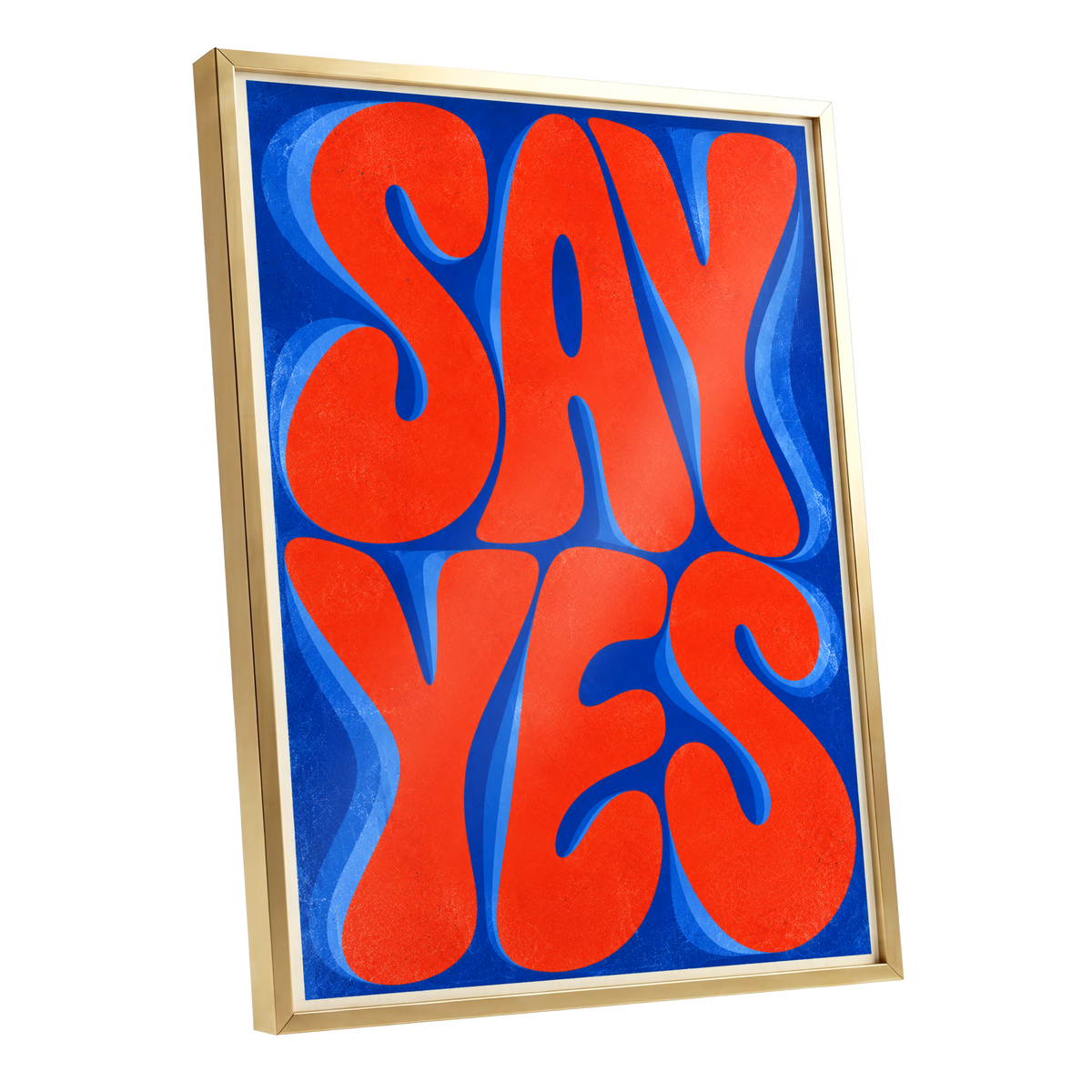 Say Yes in Stereo, orange, blue abstract wall art shown as a gold framed poster wall art print