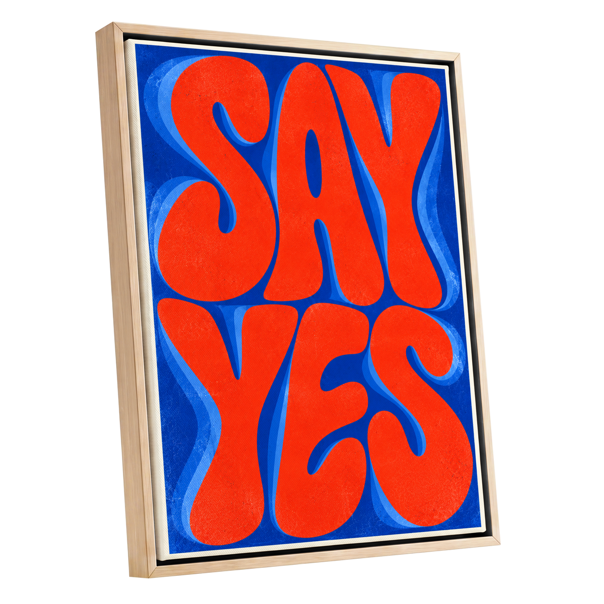 Say Yes in Stereo, orange, blue abstract wall art shown as a oak framed canvas wall art