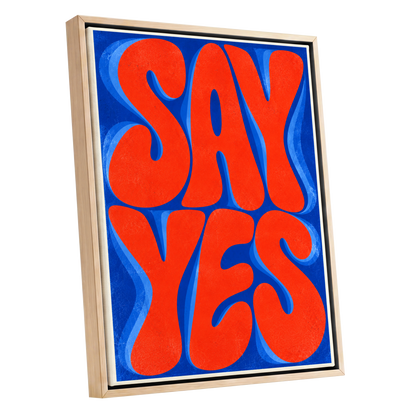 Say Yes in Stereo, orange, blue abstract wall art shown as a oak framed canvas wall art