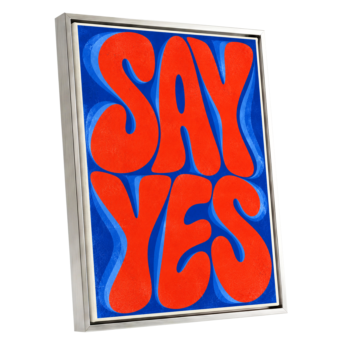 Say Yes in Stereo, orange, blue abstract wall art shown as a silver framed canvas wall art
