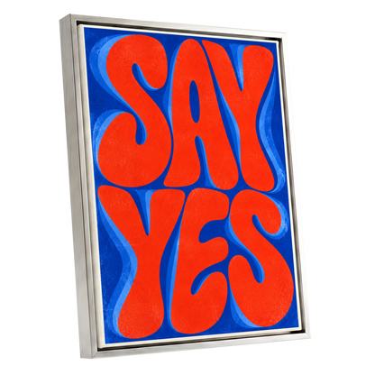 Say Yes in Stereo, orange, blue abstract wall art shown as a silver framed canvas wall art