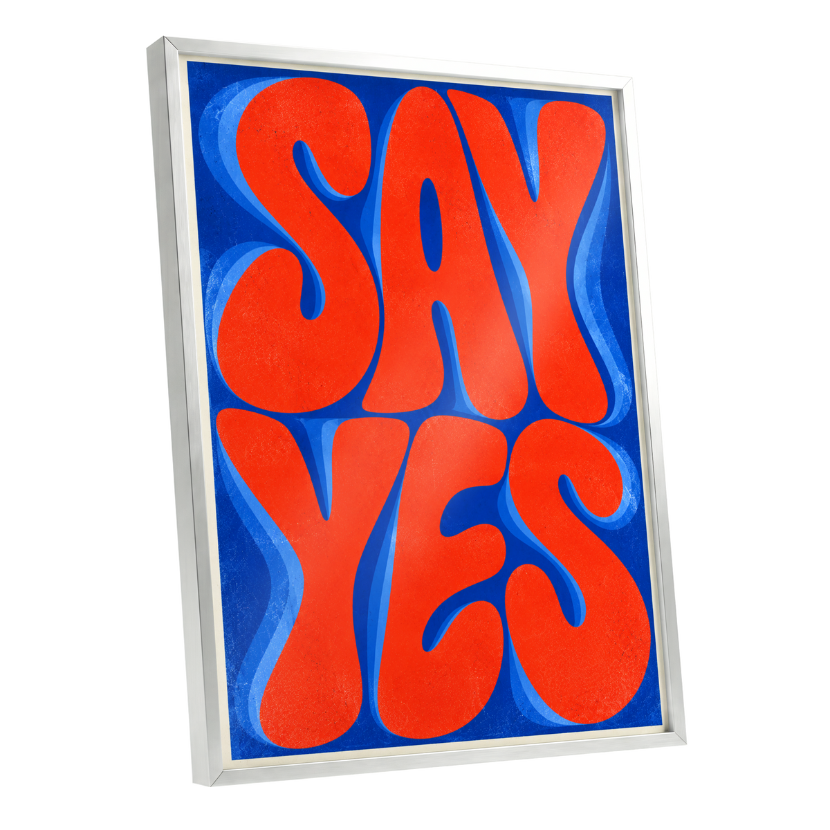 Say Yes in Stereo, orange, blue abstract wall art shown as a silver framed poster wall art print