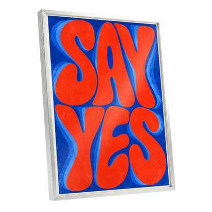 Say Yes in Stereo, orange, blue abstract wall art shown as a silver framed poster wall art print