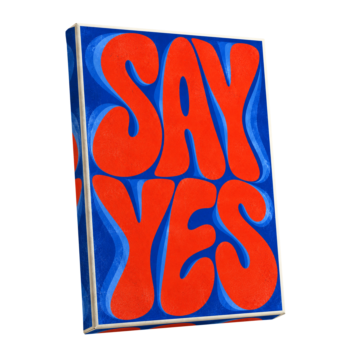 Say Yes in Stereo, orange, blue abstract wall art shown as a stretched canvas wall art