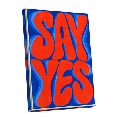 Say Yes in Stereo, orange, blue abstract wall art shown as a stretched canvas wall art