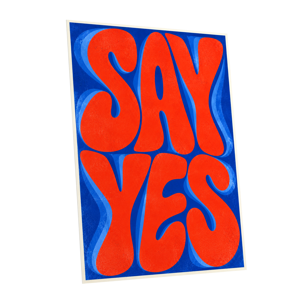 Say Yes in Stereo, orange, blue abstract wall art shown as a unframed poster wall art print