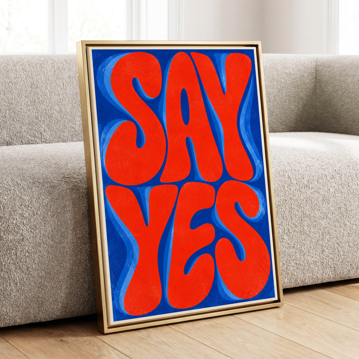 Say Yes in Stereo, orange, blue abstract wall art displayed in a styled interior, gallery view 1