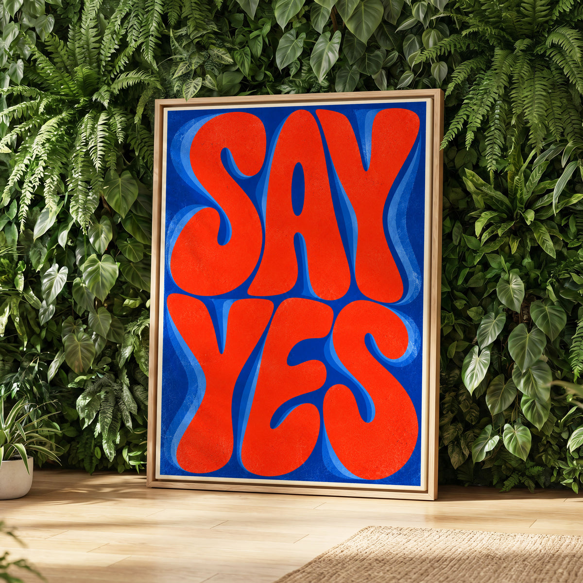 Say Yes in Stereo, orange, blue abstract wall art displayed in a styled interior, gallery view 2