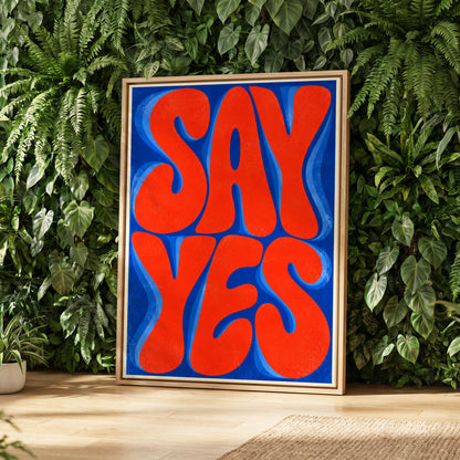 Say Yes in Stereo, orange, blue abstract wall art displayed in a styled interior, gallery view 2