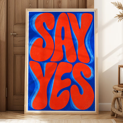 Say Yes in Stereo, orange, blue abstract wall art displayed in a styled interior, gallery view 3