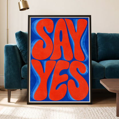 Say Yes in Stereo, orange, blue abstract wall art displayed in a styled interior, gallery view 4