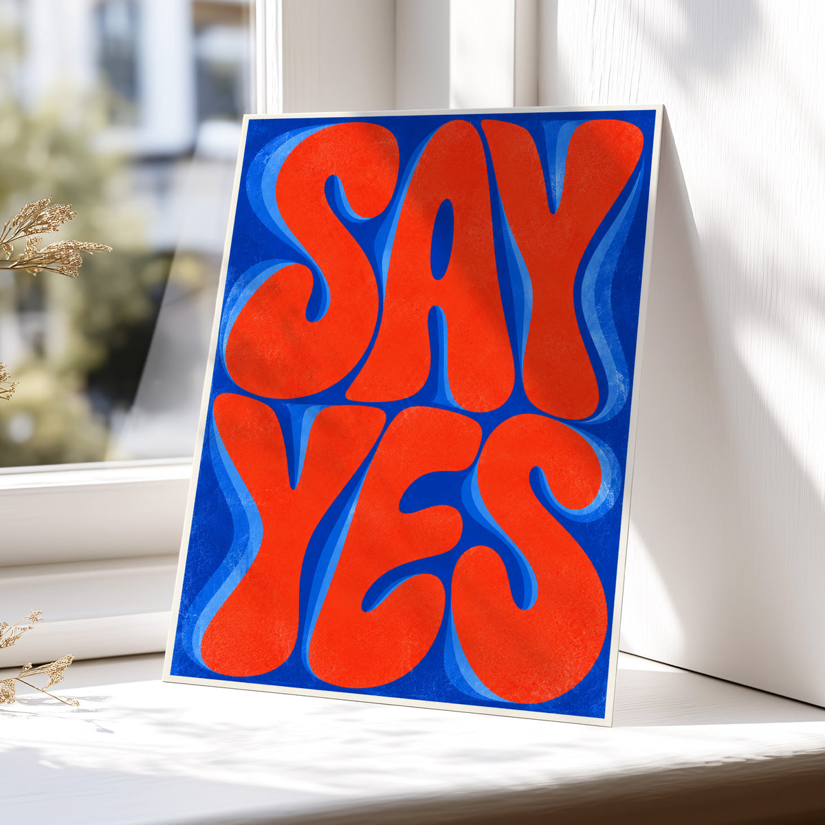 Say Yes in Stereo, orange, blue abstract wall art displayed in a styled interior, gallery view 5