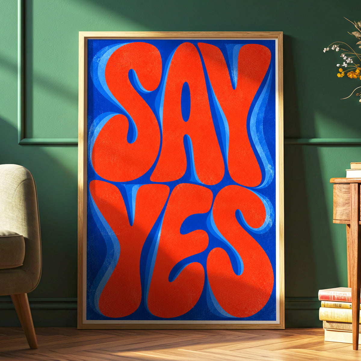 Say Yes in Stereo, orange, blue abstract wall art displayed in a styled interior, gallery view 6