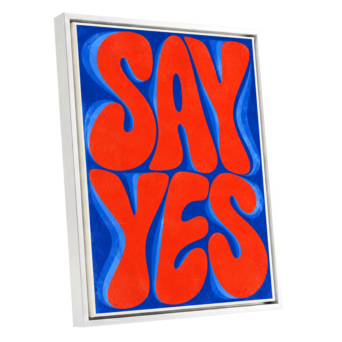 Say Yes in Stereo, orange, blue abstract wall art shown as a white framed canvas wall art