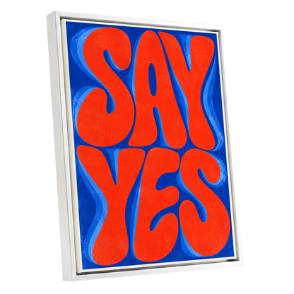Say Yes in Stereo, orange, blue abstract wall art shown as a white framed canvas wall art
