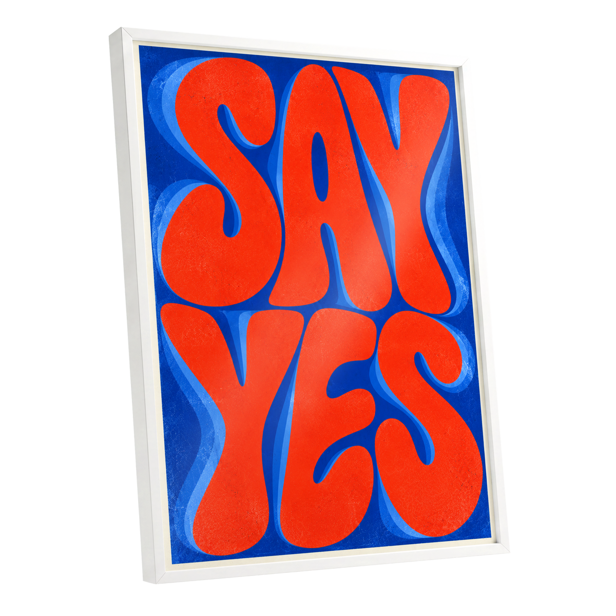 Say Yes in Stereo, orange, blue abstract wall art shown as a white framed poster wall art print