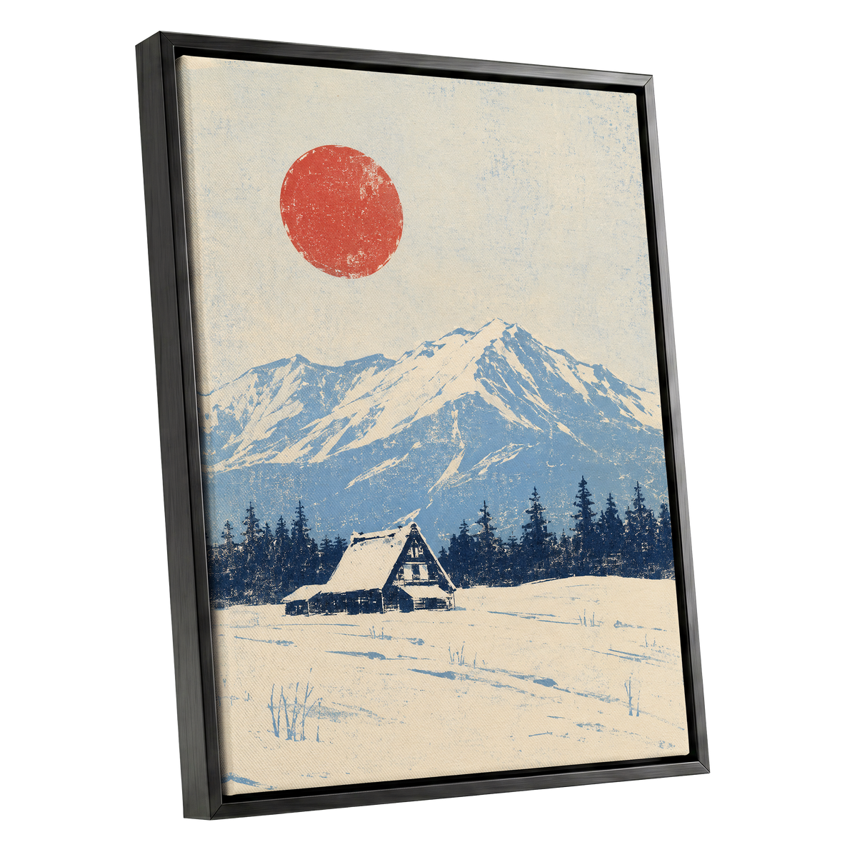 Scarlet Alpine Quiet, blue, beige, red nature wall art shown as a black framed canvas wall art
