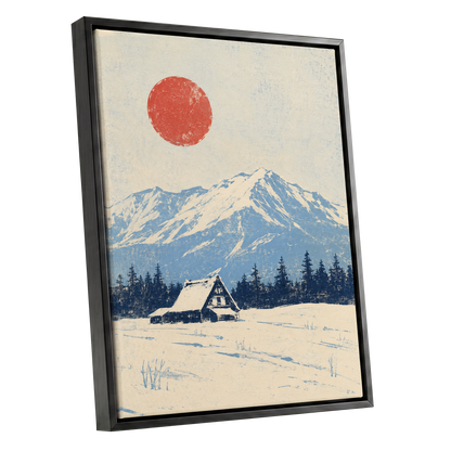 Scarlet Alpine Quiet, blue, beige, red nature wall art shown as a black framed canvas wall art