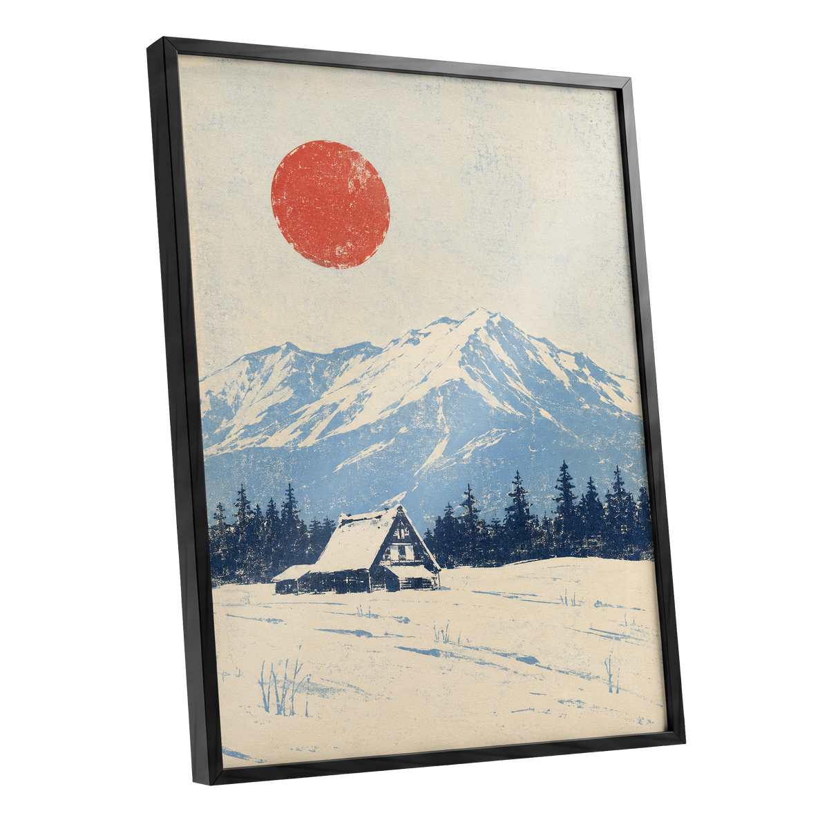 Scarlet Alpine Quiet, blue, beige, red nature wall art shown as a black framed poster wall art print