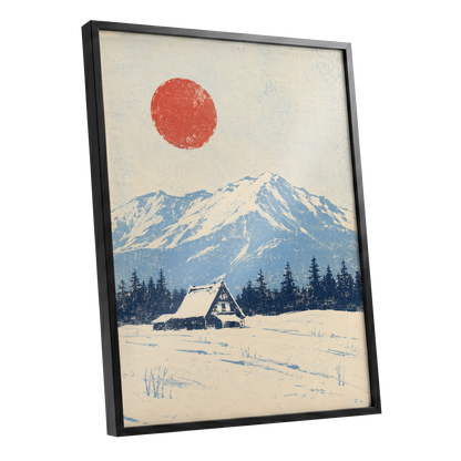 Scarlet Alpine Quiet, blue, beige, red nature wall art shown as a black framed poster wall art print