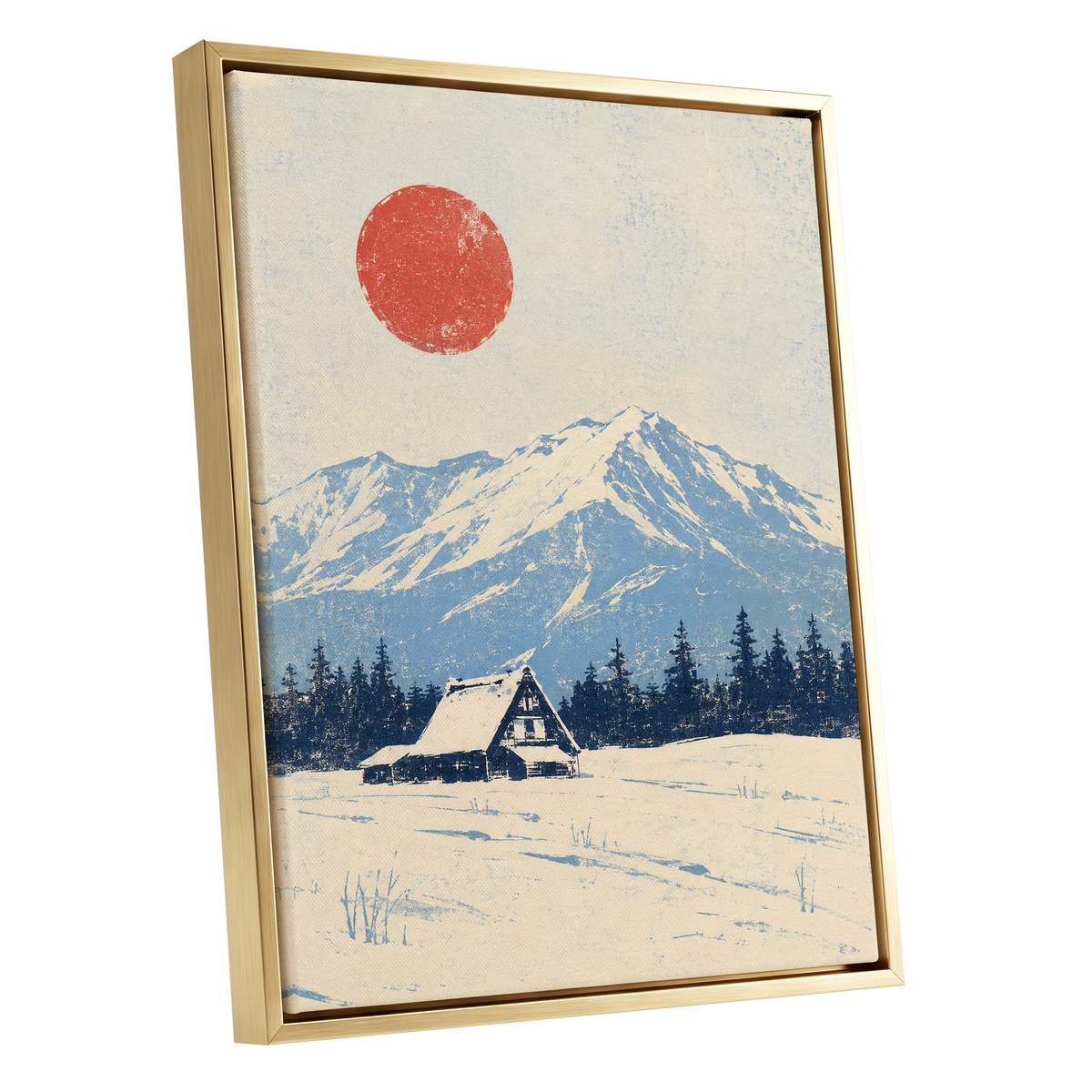 Scarlet Alpine Quiet, blue, beige, red nature wall art shown as a gold framed canvas wall art