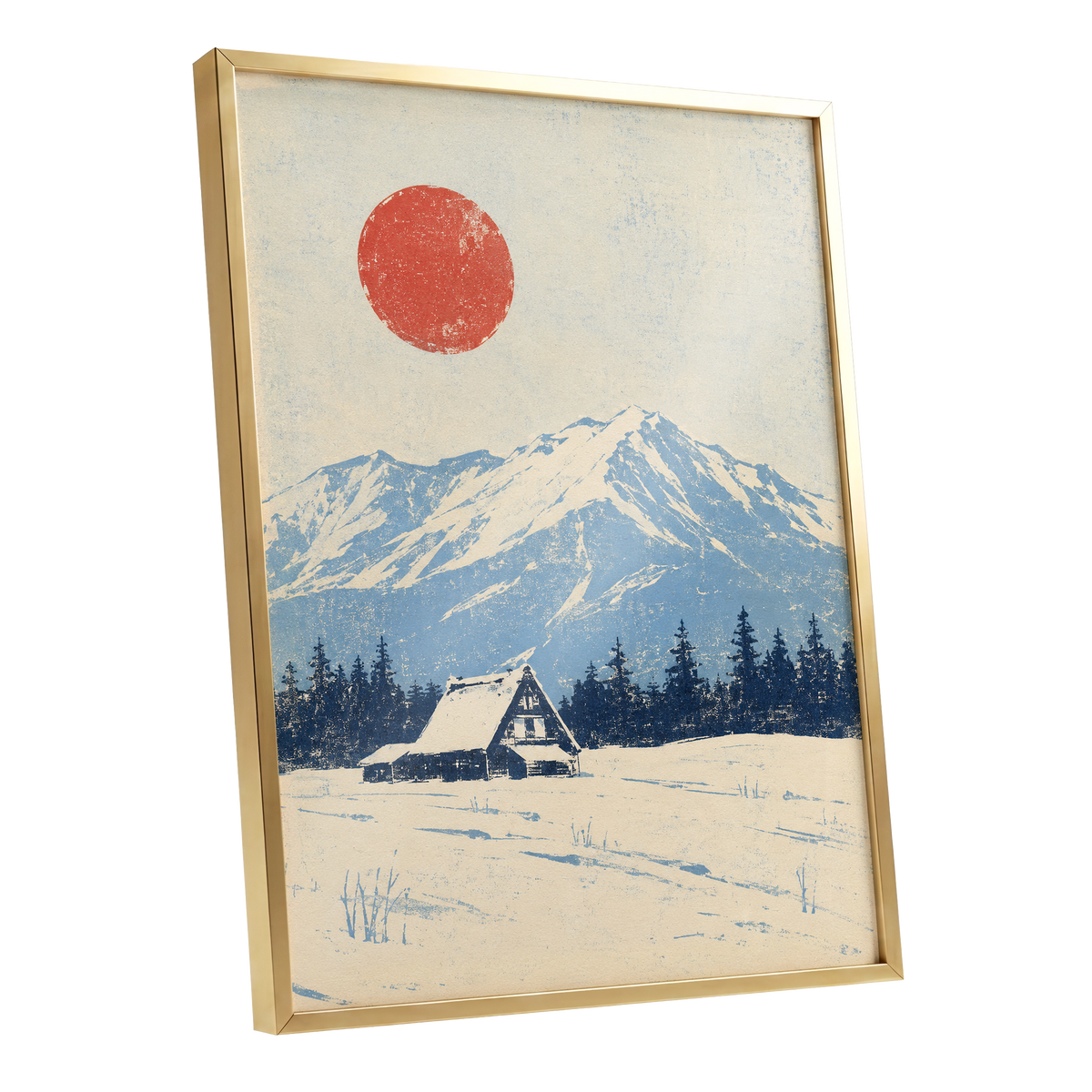 Scarlet Alpine Quiet, blue, beige, red nature wall art shown as a gold framed poster wall art print