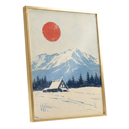 Scarlet Alpine Quiet, blue, beige, red nature wall art shown as a gold framed poster wall art print