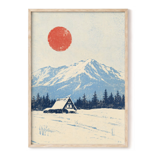 Scarlet Alpine Quiet, blue, beige, red nature wall art, front artwork view